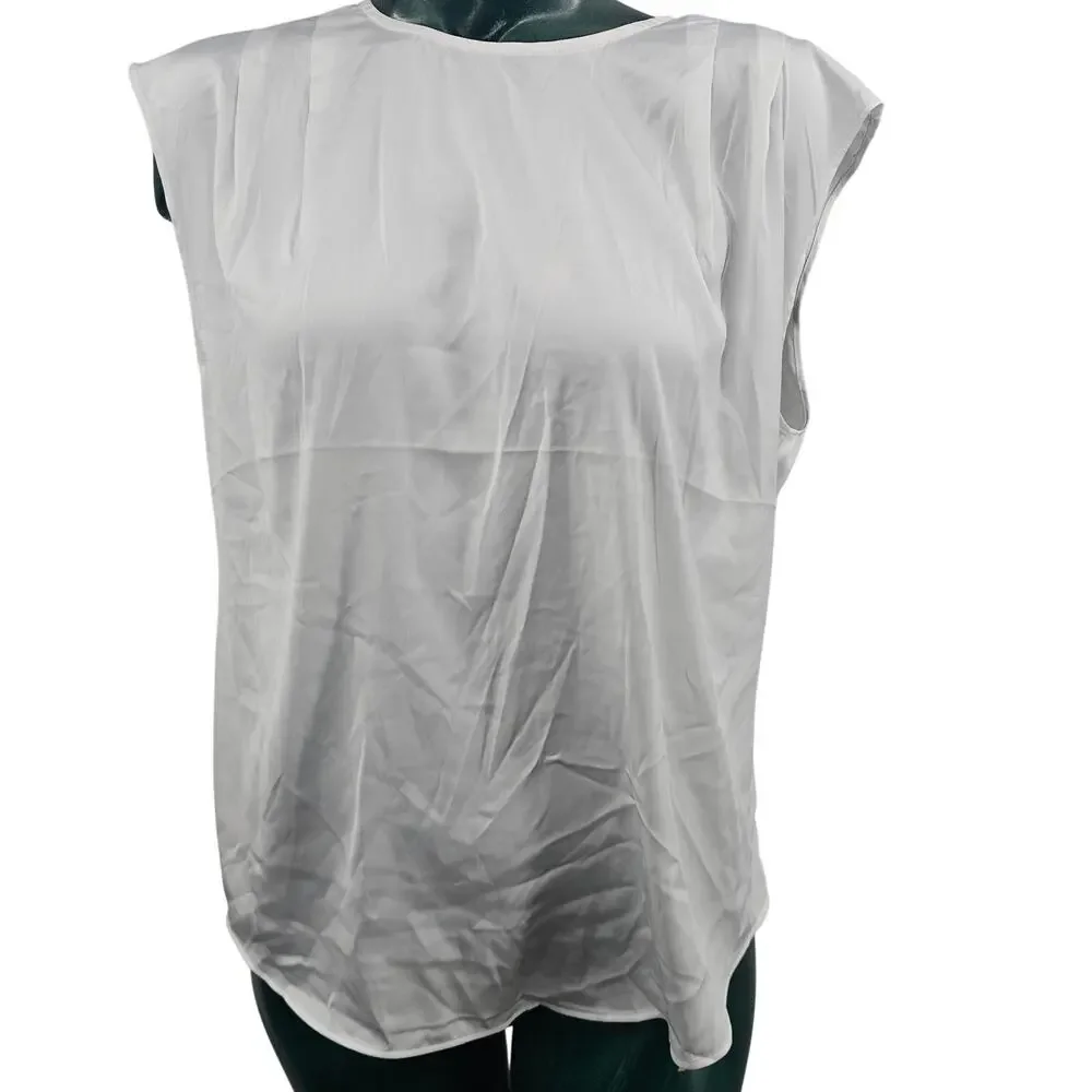 Express Basic White Minimalist Top Pleated Shoulder Short Sleeve Women's M 3582